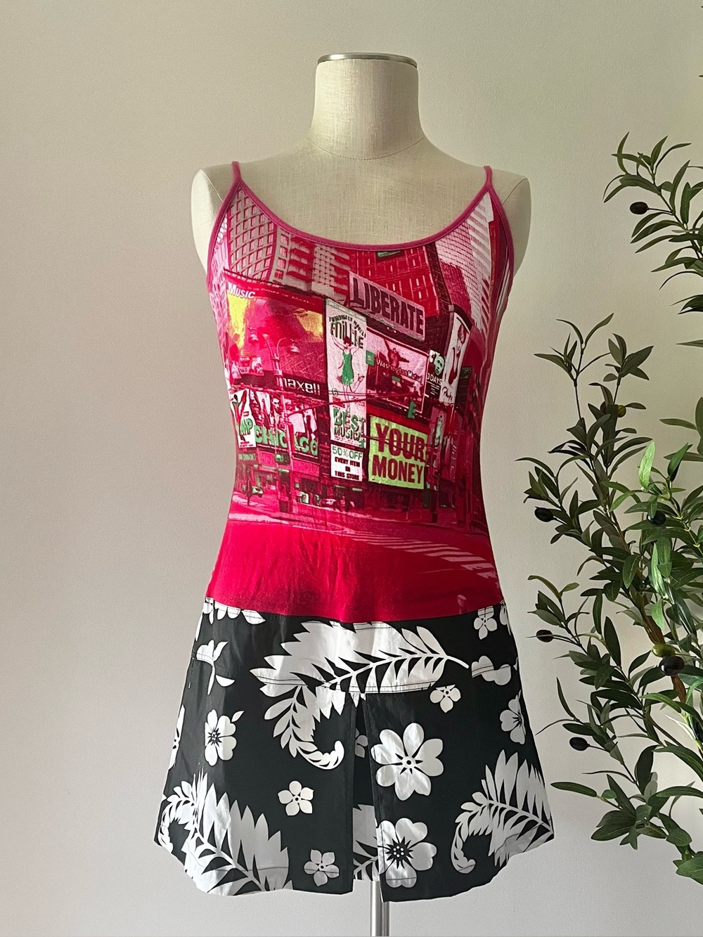 Vintage Custo Barcelona Graphic Pink Spaghetti Strap 100% Cotton Mini Dress